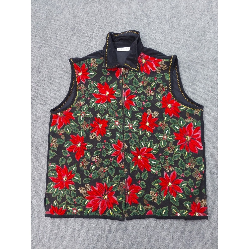 Vtg Dress Barn Christmas Vest Womens 1X Poinsettias Tapestry Corduroy Floral Zip